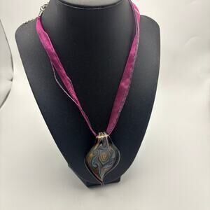 Murano Style Art Glass Pendant Ribbon Necklace Blue Gold Statement